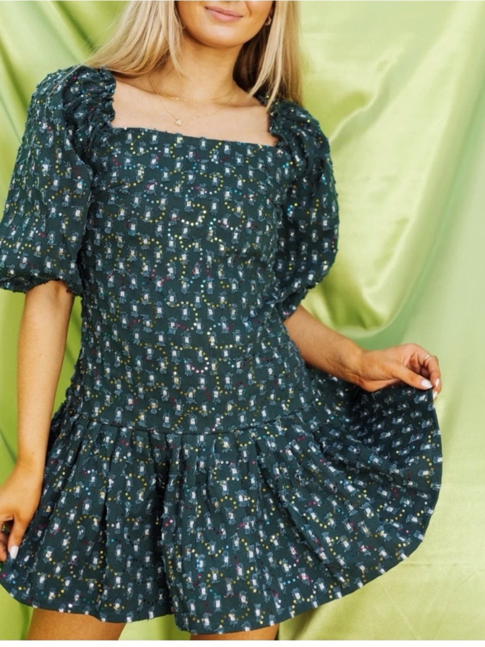 QUEEN OF SPARKLES Dark Green Floral Square-Neck Puff Sleeve denim sequin Dress